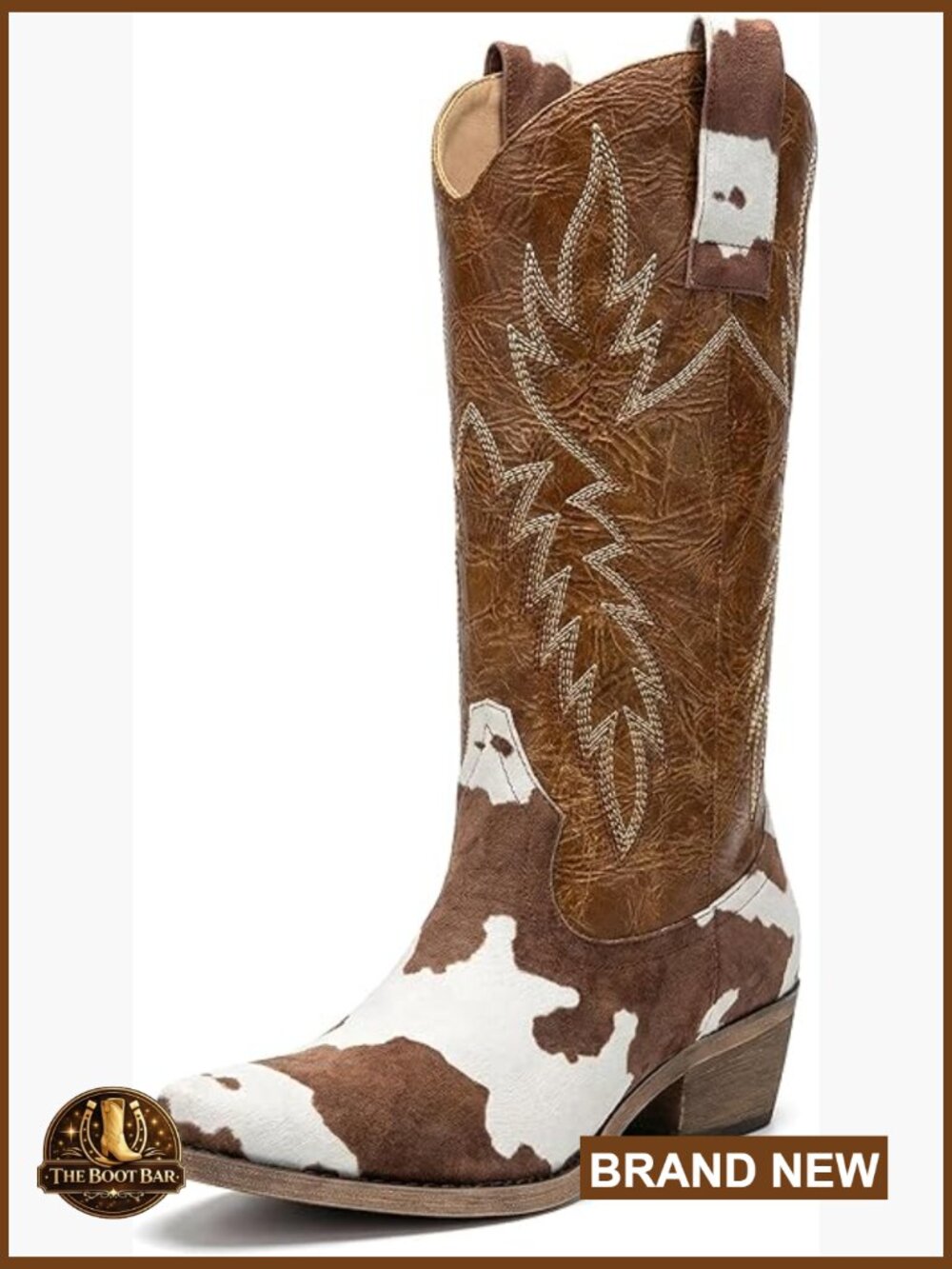 Knee-High Cow Print Western Cowgirl Boots with Pointed Toe - Picture 1 of 6